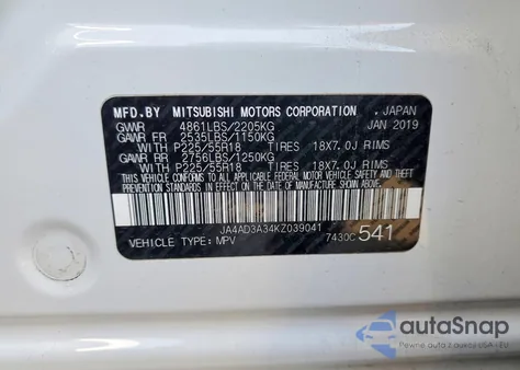 2019 Mitsubishi Outlander Se from USA, damaged, VIN JA4AD3A34KZ039041